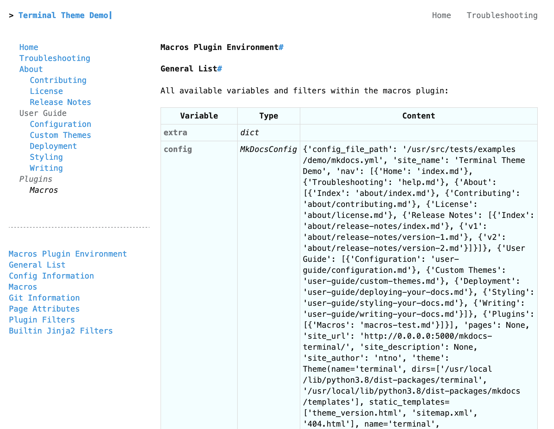 data table with entries corresponding to attributes in mkdocs.yml.