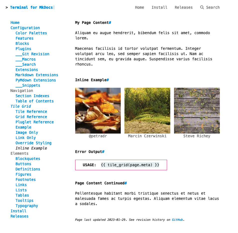 web page with three square images in a row.  images appear in between Lorem Ipsum paragraphs.